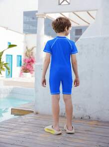 Tween Boy Astronaut & Rocket Print Zipper One-Piece Swimsuit