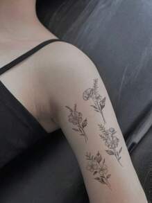 1pc Black Floral Bouquet Collar Bone Temporary Tattoo Sticker, Minimalist Botanic Design, Waterproof, Realistic, Stylish Tattoo Decals Suitable For People