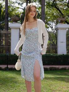 Summer Casual Sweet Ditsy Floral Slip Slit Cami Dress - Blue - View 6