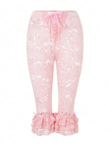 Women Capri Pants Lace See-Through High Waist Ruffles Hem Summer Casual Cropped Pants Stretch Crop Leggings - Pink - View 2