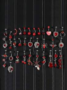 14G Belly Button Rings Dangle Stainless Steel Navel Rings Red CZ Heart Butterfly Belly Rings Dangling Belly Piercing Jewelry For Valentine,Mom,Mother,Mother's Day,Gift - Red+Black - View 1
