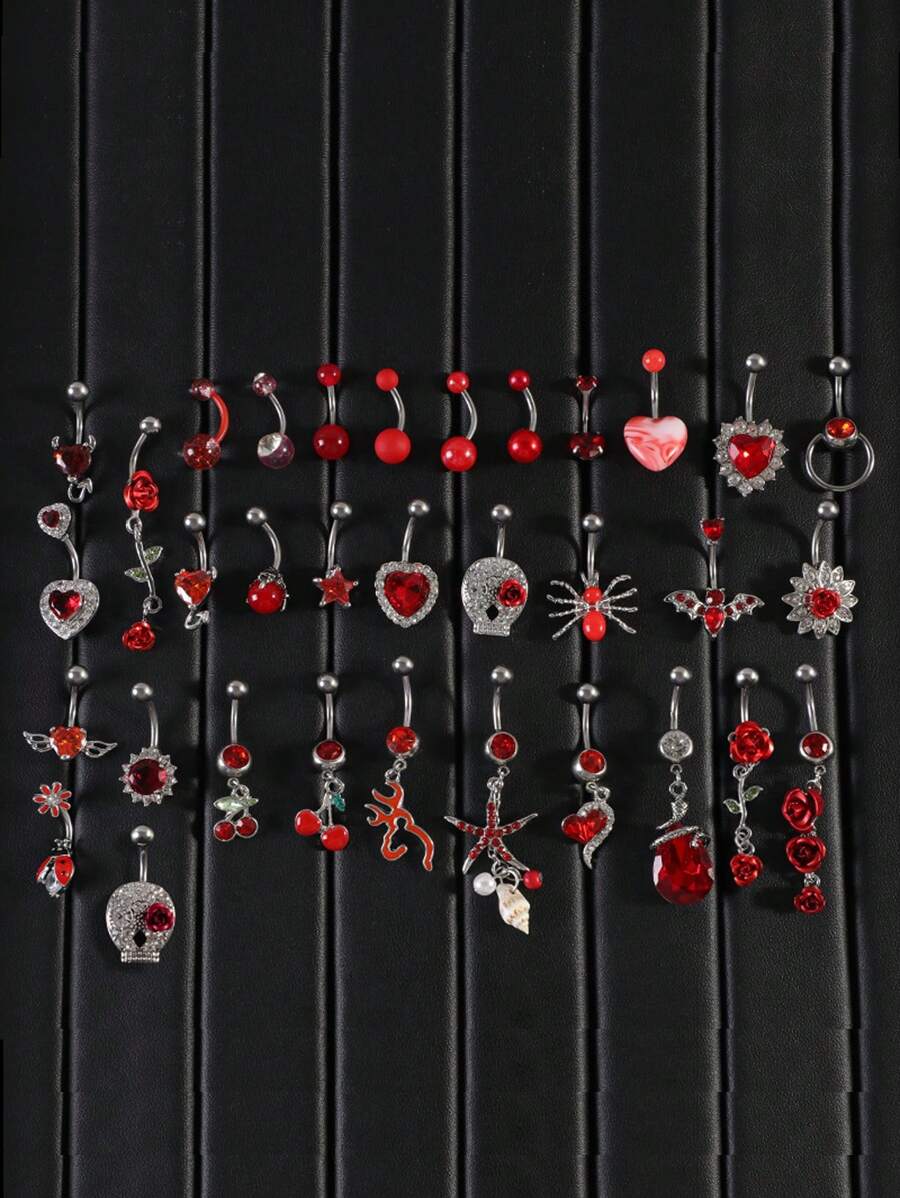 14G Belly Button Rings Dangle Stainless Steel Navel Rings Red CZ Heart Butterfly Belly Rings Dangling Belly Piercing Jewelry For Valentine,Mom,Mother,Mother's Day,Gift - Red+Black - View 1