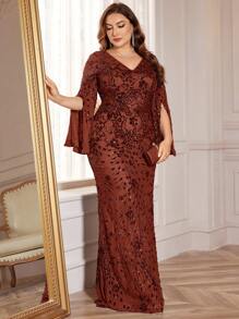 Stretchy Sequins Mermaid V-Neck Long Sleeve Split Sleeve Elegant Formal Gown, Plus Size Evening Party Dress For Mother, Wedding Guest Dress - 紅木色 - 查看 4