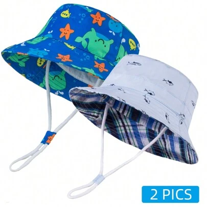 2 件儿童防晒帽幼儿男童女童宽边夏季户外帽子婴儿渔夫帽带下巴带