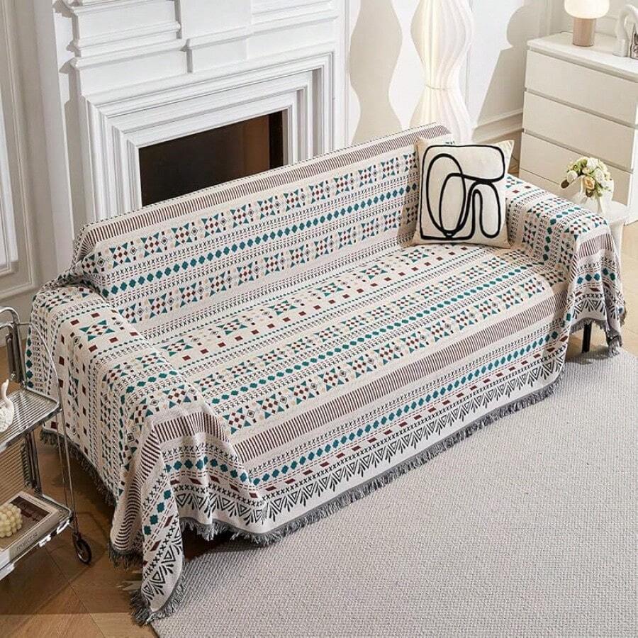 Loveseat Cover Sheet Blanket, Cotton Woven Reversible Anti Slip Cushion Covers 2 Seater Couches With Armrest, Living Room Furniture Decor Slipcovers Protector Pets - 幾何的 - 查看 1