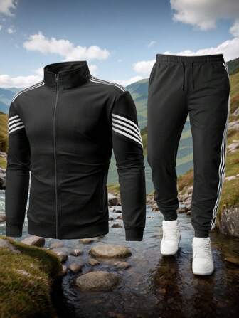 Conjunto de ropa deportiva casual de rayas para hombres, adecuado para primavera y verano, con sudadera con capucha versátil y de moda, apta para senderismo y uso diario. Regalo de Ramadán.