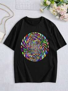3D Vortex Print Women T-Women's Shirt - Casual Crew Neck Short Sleeve Oversized Women's Tee With Geometric Pattern