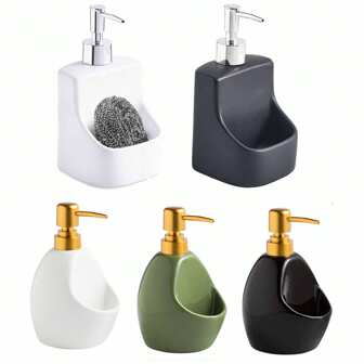 1pc Ceramic Dish Soap Dispenser With Sponge Holder, 390ml/13.2oz Hand Dish Soap Dispensers With ABS Pump, Refillable Design For Liquid Decorative Bottles For Kitchen Sink, Hand Soap Pump Bottle And Storage 2-In-1 For Bathroom Countertop Home Bathroom Decor Fall Decor Back To School