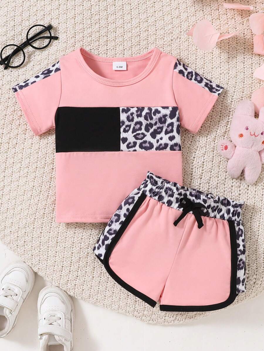 Girls' SuitSpring And Summer Patchwork Short-Sleeved T-Shirt Casual Sports Two-Piece New Baby Girl Clothing Cute - Pink - View 1