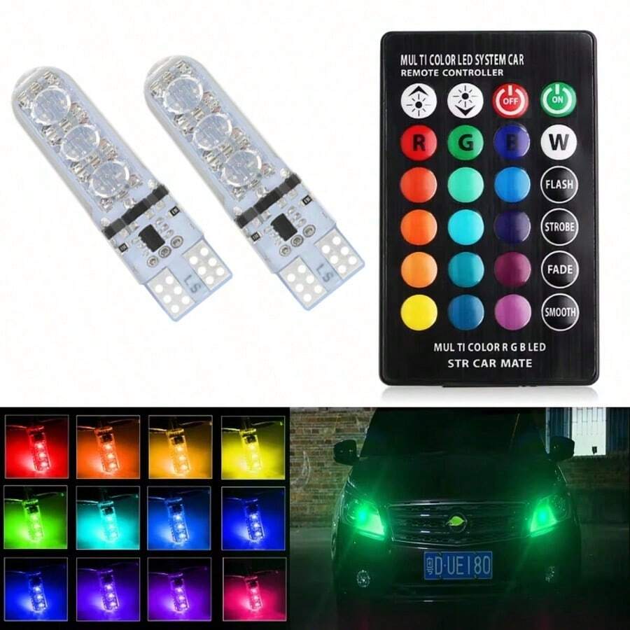 2pcs T10 Waterproof W5w 501 Car Wedge Side Light Bulb-6SMD 5050 RGB 7 Color LED Remote Control (NO Battery)Strobe Flash Wedge Lamp - 2pcs - View 1