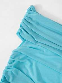 Women's Summer Mini Party Dresses Short Sleeve Off Shoulder Solid Color Ruched Mesh Dresses - Blue - View 6