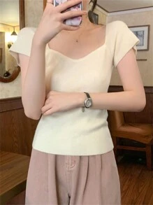 Áo len tay ngắn ôm sát, khoét sâu gợi cảm dành cho nữ, hở xương quai xanh, thích hợp cho mùa tựu trường, mùa hè - Màu be - Xem 5