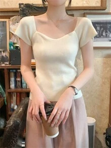 Áo len tay ngắn ôm sát, khoét sâu gợi cảm dành cho nữ, hở xương quai xanh, thích hợp cho mùa tựu trường, mùa hè - Màu be - Xem 3