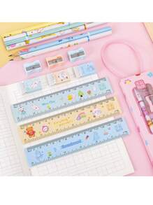 1set Cartoon Stationery Set, (Pencil, Eraser, Ruler, Pencil Sharpener), Portable School Supplies, Gifts, Giveaways Ruler, Pencil Sharpener, Cute Packaging, 5-In-1 Handheld Design, Back To School,Perfect For School, Student Rewards, Party Favors