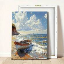 Wrapped Framed Canvas Vintage Wall Art Print Serene Beachscape With Boat - Artful Home Decor For Living Room, Bedroom, Bathroom, Office