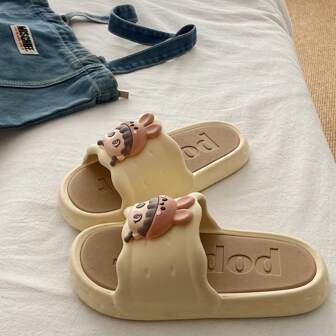 可爱兔耳平底凉鞋女款，2025新款春夏休闲舒适室内/户外防滑拖鞋，派对和日常穿着平底一脚蹬女士凉鞋