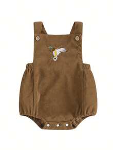 Mono de pana informal estilo rural americano para bebé, mono con cuello cuadrado, sin mangas y botones, con bordado de pato, para niños y niñas - marrón café - Ver 3