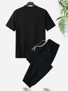 Men's Summer Regular Fit Short Sleeve T-Shirt And Pants Set, Letter Graphic Print Casual Outdoor Outfit, Pockets & Drawstring Waist Pants, 2 Pieces Set