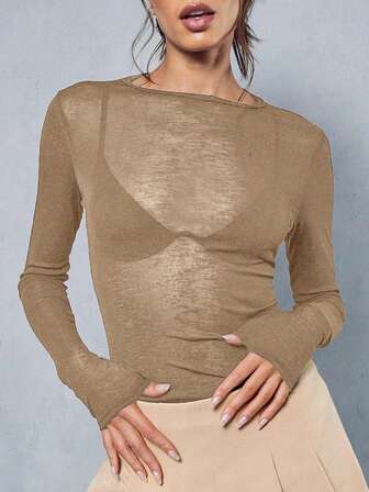 Y2K Elastisk, Transparent Långärmad T-shirt Med Rund Halsringning