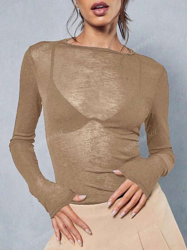 Camiseta Slim Fit de Manga Longa Transparente Elástica com Gola Redonda Estilo Y2K, Parte Superior para Sair
