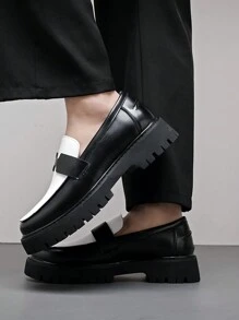 Men's Thick Sole Increased Height Platform Shoes, Tasseled Patent Leather Loafers - Black and White - View 4