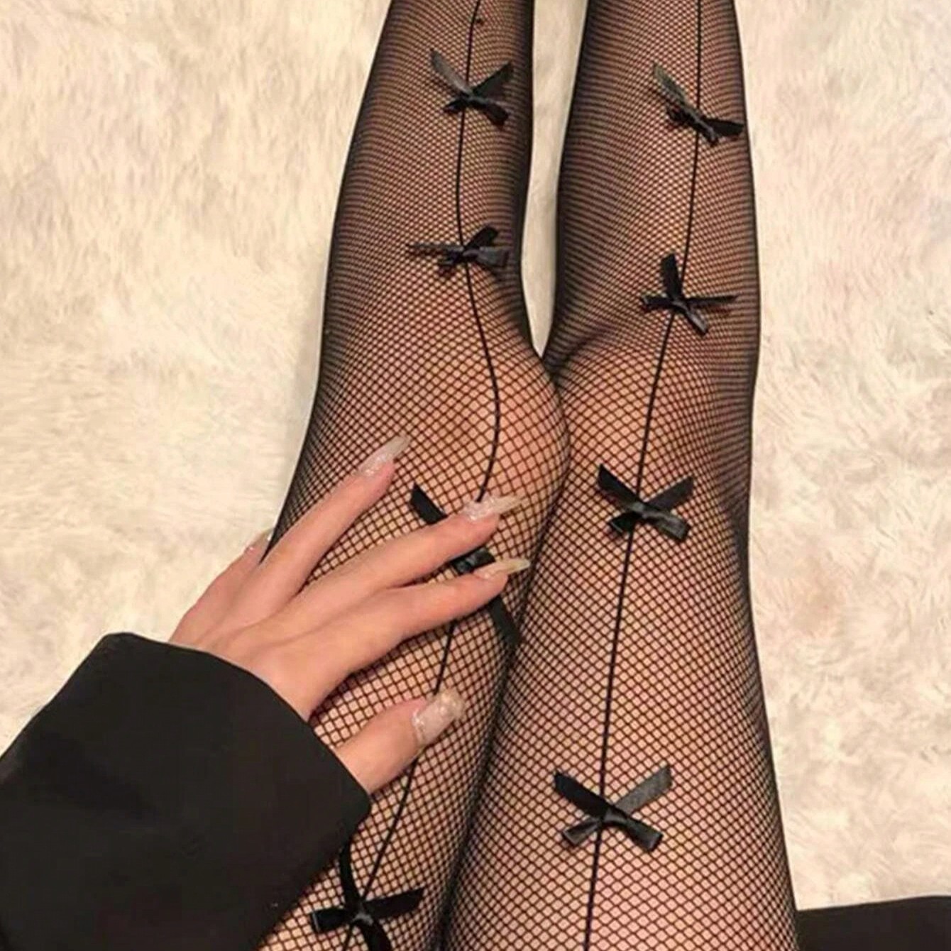 1 pezzo Calze a rete con decorazione a fiocco, calze a rete lunghe fino alla coscia con dettaglio a fiocco, regalo di Natale, calze a rete nere sexy e