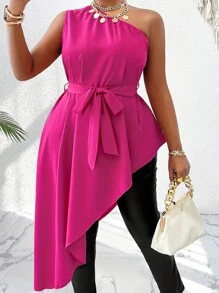 Plus Size Women's Solid Color Sleeveless Asymmetric Hem Casual Shirt