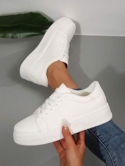 2025 Spring New Women White Thick Sole Skateboard Shoes, Fashion Versatile Breathable Sneakers, Casual Shoes Ins Style