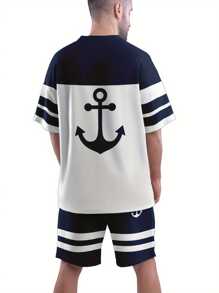Conjunto de dos piezas de camiseta y pantalones cortos casuales de manga corta con cuello redondo y estampado de ancla en bloques de color - Azul Marino - Ver 6