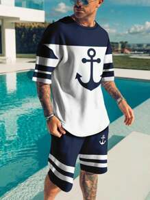 Conjunto de dos piezas de camiseta y pantalones cortos casuales de manga corta con cuello redondo y estampado de ancla en bloques de color - Azul Marino - Ver 3