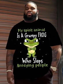 Plus Size Men's T-Shirt With Frog Design And "Don't Be Mean" Graphic Print, Made Of Polyester Knit Fabric, Casual Round Neck, Novelty Graphic Design