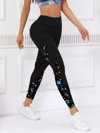 Damleggings med kontrastfärgat tryck och fickdesign för casual träning