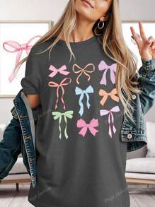 Cute Bow Print Casual Women Short Sleeve Round Neck T-Shirt, Spring/Summer