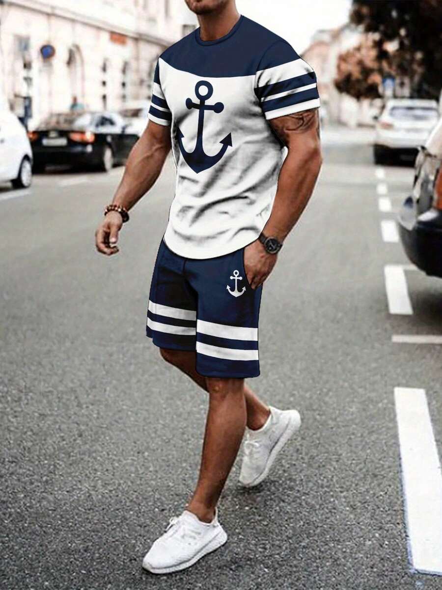 Conjunto de dos piezas de camiseta y pantalones cortos casuales de manga corta con cuello redondo y estampado de ancla en bloques de color - Azul Marino - Ver 1