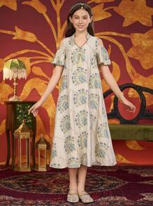 Vestido/bata de manga corta holgado con bordado vintage para adolescentes y niñas preadolescentes