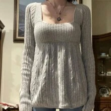 Long Sleeve Shirts For Women Casual Square Neck Tops Lightweight Blouses T-Shirts - Grey - View 3