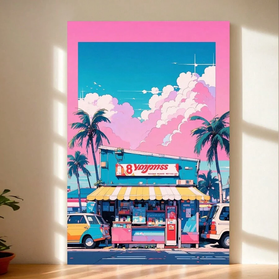 Framed Vaporwave Shop Canvas Print,  Retro Japanese Convenience Store Wall Art,  Aesthetic Cityscape PaintingRoom, Living Room, Kitchen, A Festive Touch For Valentine's And New Yea Decor - Framed - View 1