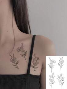 1pc Black Floral Bouquet Collar Bone Temporary Tattoo Sticker, Minimalist Botanic Design, Waterproof, Realistic, Stylish Tattoo Decals Suitable For People