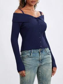 Women's Autumn Slim Knit Tops Solid Color Off Shoulder Long Sleeve Sweaters Knitwear - Blue - View 3