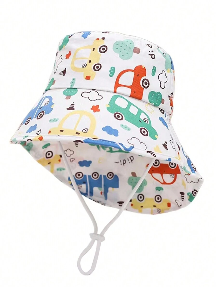 1pc Kids Cartoon Car Print Reversible Sun Protection Bucket Hat, Versatile For Outdoor Activities, Spring/Summer - Car - View 1
