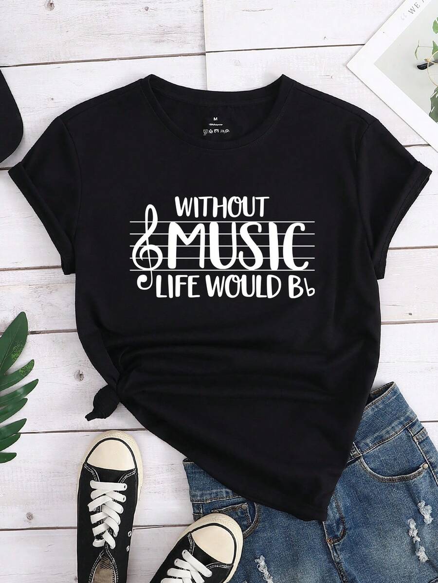 女款常规春夏字母印花T恤，女款休闲舒适圆领短袖T恤，女款黑色上衣，春夏服饰，音乐节服饰