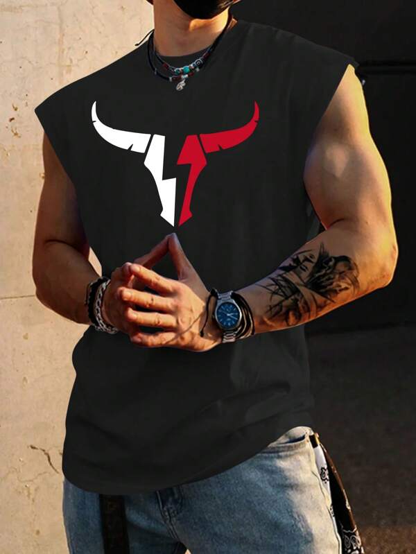 Basic Men's Sleeveless T-Shirt, Casual Sports Wear With Ox Horns Animal Print, Streetwear & Gym Tanks For Summer, Black