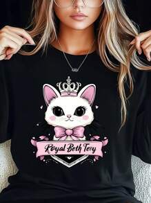 Women's Plus Size T-Shirt  Cat Princess Cartoon Kawaii Valentine's Day Print Fashion Long Sleeve Round-Neck Loose Fit Tee Casual Streetwear - 黑色 - 查看 1