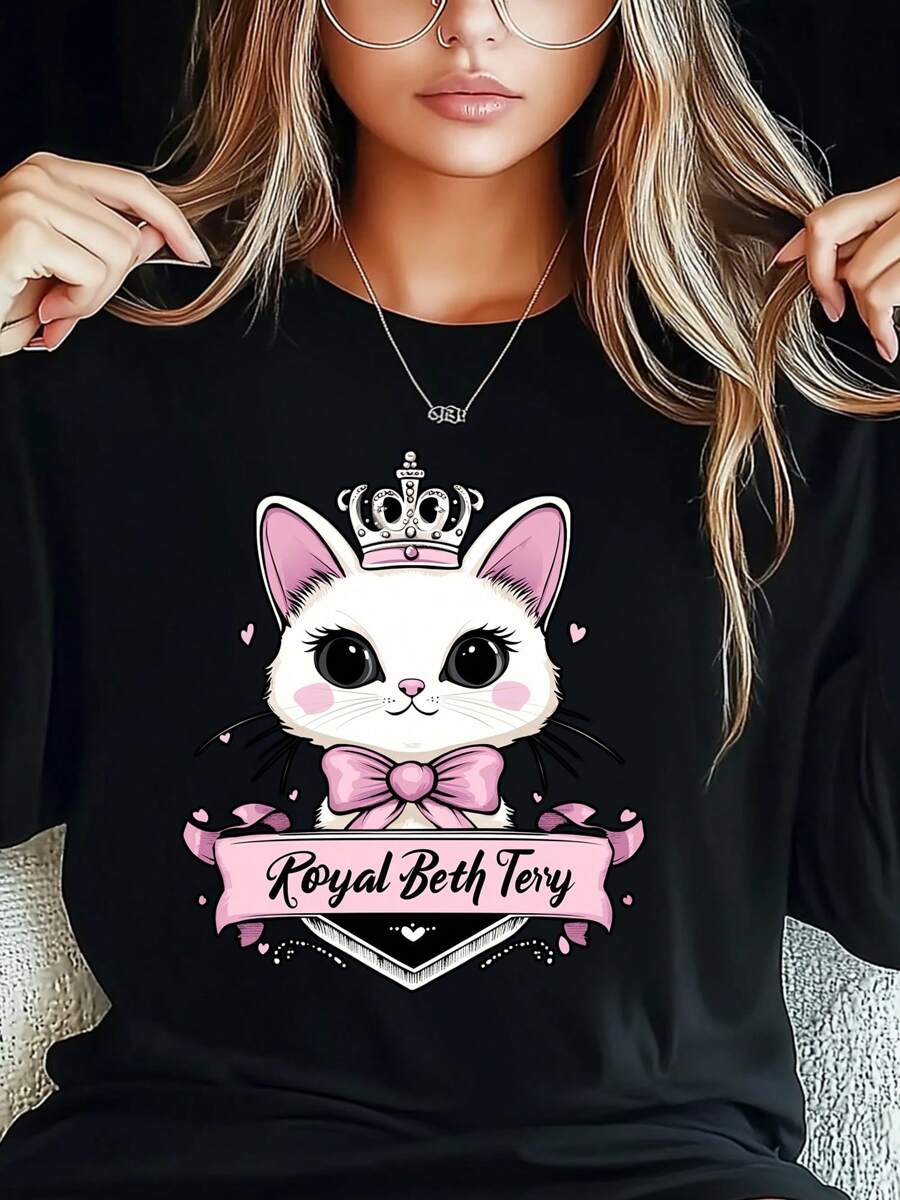 Women's Plus Size T-Shirt  Cat Princess Cartoon Kawaii Valentine's Day Print Fashion Long Sleeve Round-Neck Loose Fit Tee Casual Streetwear - 黑色 - 查看 1