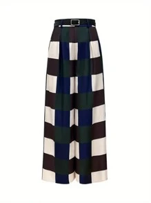 女式高腰格子褶皱阔腿裤 - 涤纶制成，可机洗，适合秋冬季