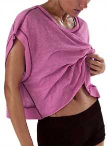 Women's Cap Sleeve Crewneck Twist Backless Slim Fit Solid Crop Tee Top