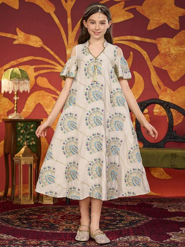 Vintage Stickerei Loose Kurzarm langes Kleid/Robe für Tween-Mädchen und Mädchen im Vor-Teenager Alter