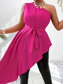 Plus Size Women's Solid Color Sleeveless Asymmetric Hem Casual Shirt
