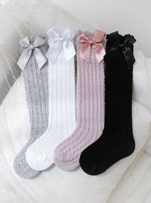 4 双女孩直筒袜，带蝴蝶结装饰，适合女孩日常穿着 - 彩色 - 查看 1