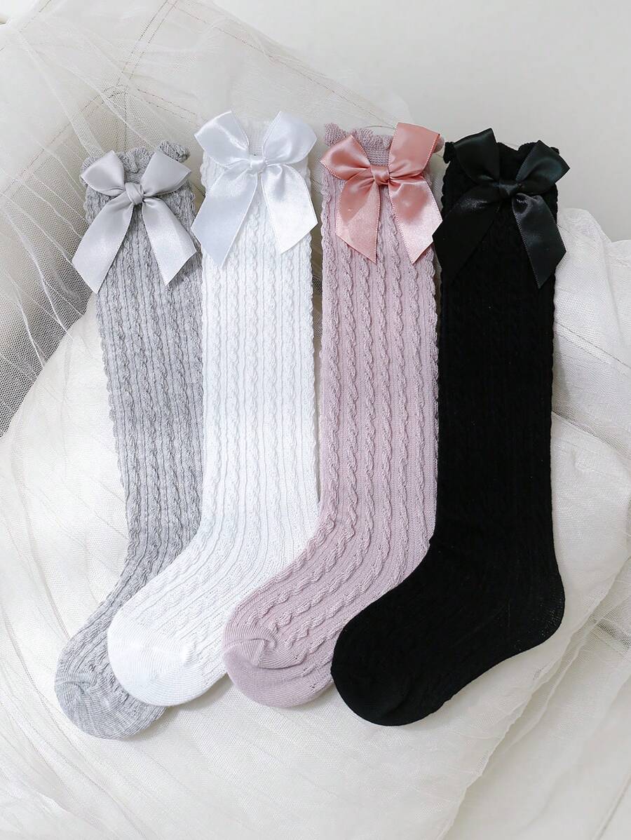 4 双女孩直筒袜,带蝴蝶结装饰,适合女孩日常穿着 - 彩色 - 查看 1